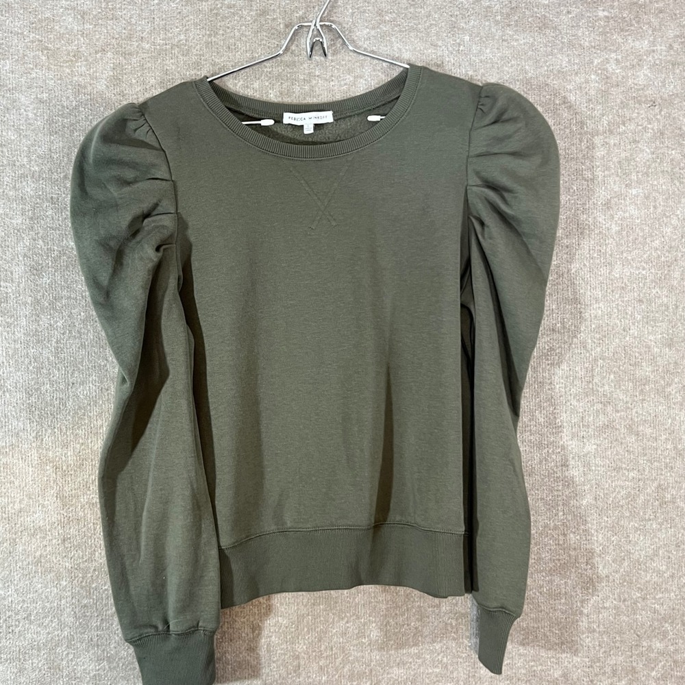 Rebecca Minkoff Janine Sweatshirt Womens L Olive Green Puff Sleeve Crewneck